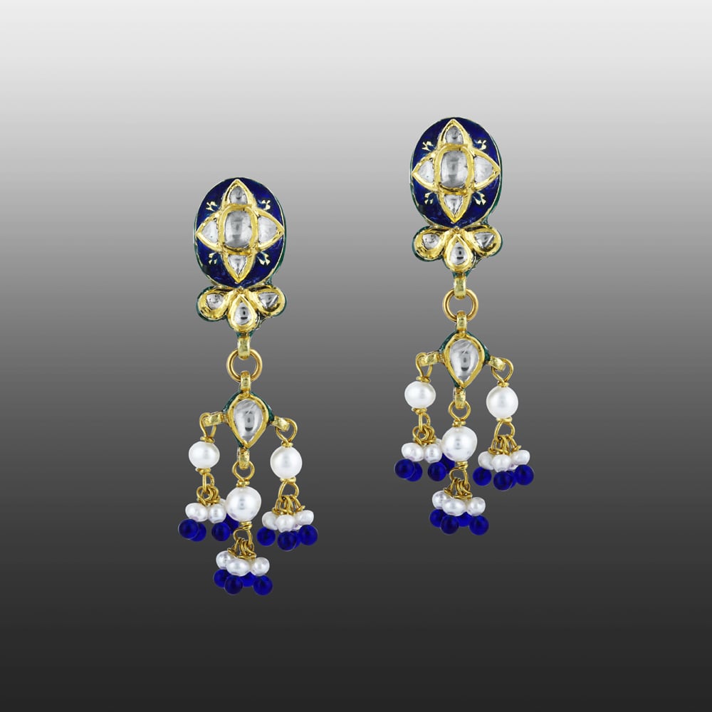 Polki Earrings with Blue Enamel, Pearl, and Blue Bead Drops